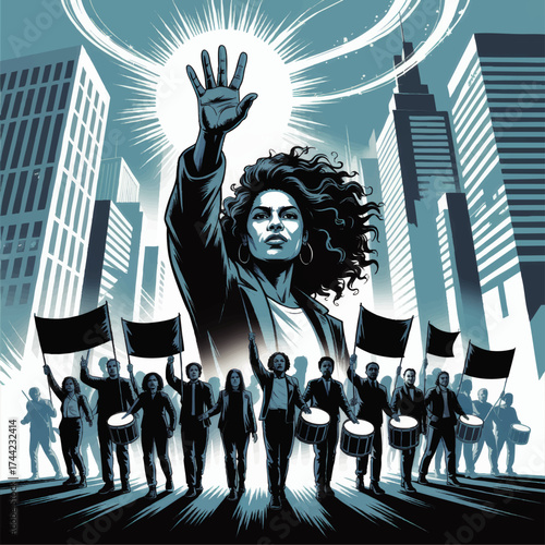 Powerful Woman Leading Urban Protest March with Raised Hand—Activism, Empowerment, and Social Change in Modern Cityscape Illustration