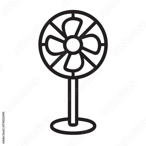 Simple line art illustration of a pedestal fan with four blades on a stand for cooling air