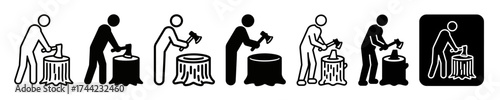 Person chopping wood on a stump, sequence of actions