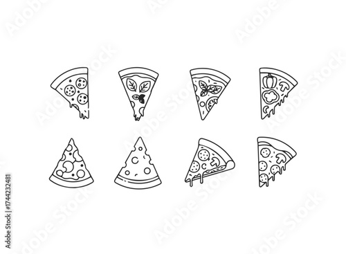 Set of eight pizza slices in a line