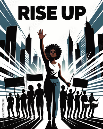 Powerful Protest Leader in Urban City March – Empowerment, Social Justice, Civil Rights, Activism, Community Uprising Illustration