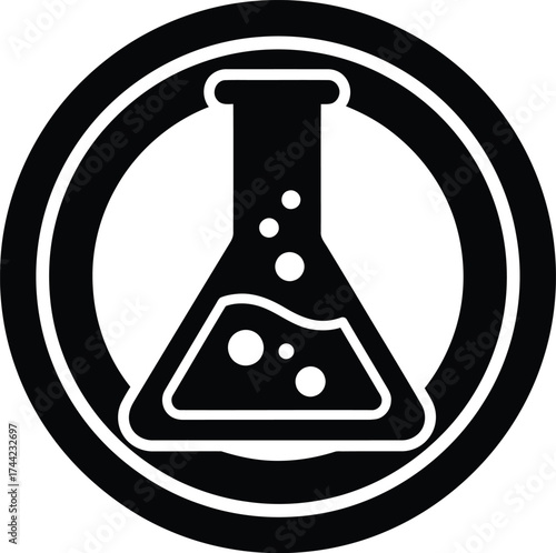 Black and white icon of a laboratory flask with bubbling liquid inside a circular frame