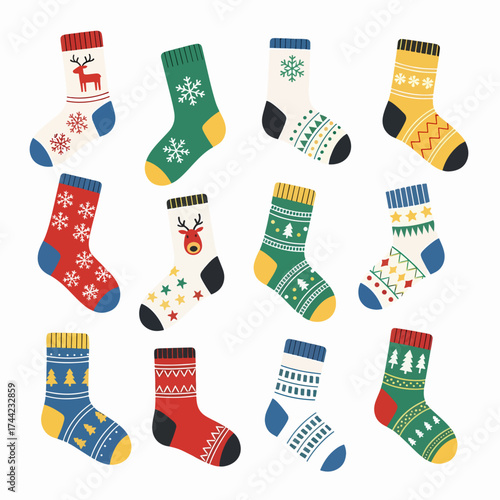 Set Of Christmas Stockings With Festive Patterns And Holiday Colors For Home Decor