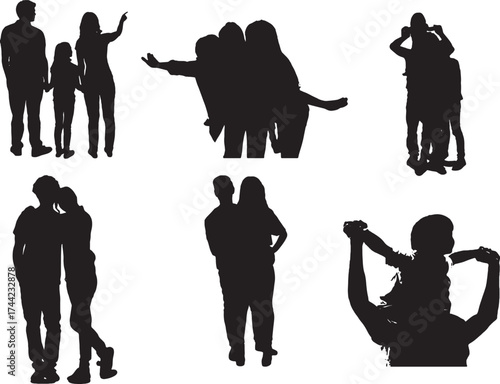 Collection of family and couple silhouettes featuring parents with children, piggyback rides, and romantic poses isolated on white