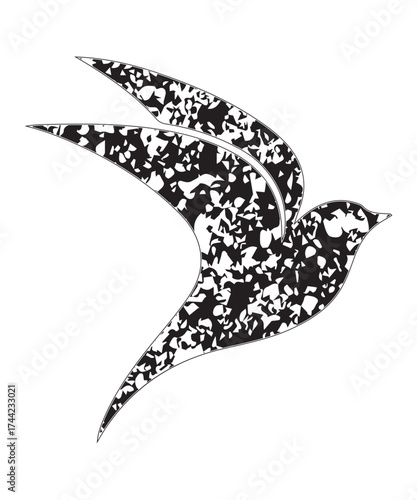 Grunge Bird Silhouette Flying Minimalist Black Vector Art.