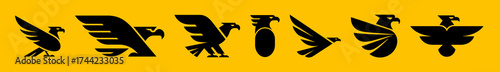 Collection of stylized black eagle logos on a yellow background