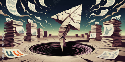 Abstract Business Data Files and Arrow Cursor Above Black Hole, Dramatic Piles of Documents Flying, Surreal Vector Illustration