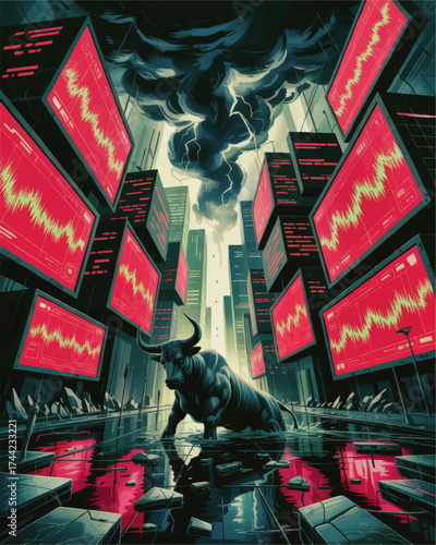 Futuristic bull market crash illustration with stormy sky, red stock charts, cityscape, volatility, and lightning for finance concept