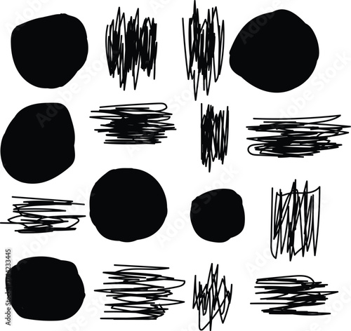 Collection of hand drawn black circles and scribble brush strokes on white background