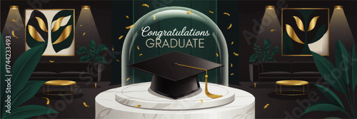 Elegant Graduation Party Background with Graduation Cap, Gold Confetti, Modern Decor, and "Congratulations Graduate" Text