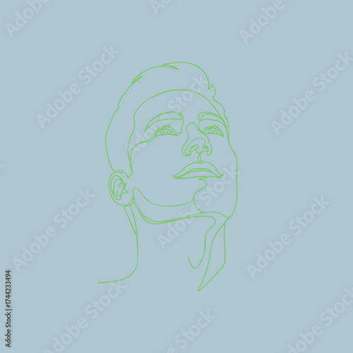 Minimalist line drawing of a confident woman with upward gaze and elegant hairstyle on a soft pastel