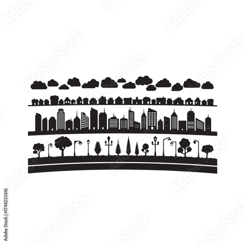 Illustration of black silhouette of city skyline with trees