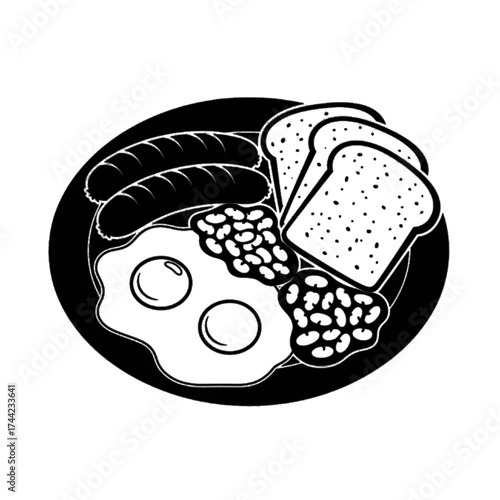 Classic english breakfast drawing with toast, eggs, sausages, beans, and tomatoes