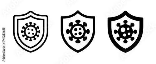 Three shield icons with virus symbol