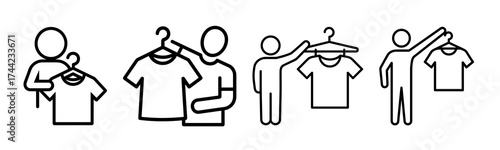 Line art icons of people holding t shirts on hangers icon