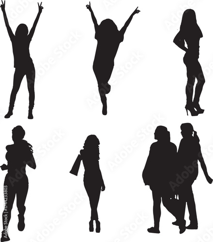 Set of various female silhouettes representing jogging, shopping, success, and casual walking isolated on white background
