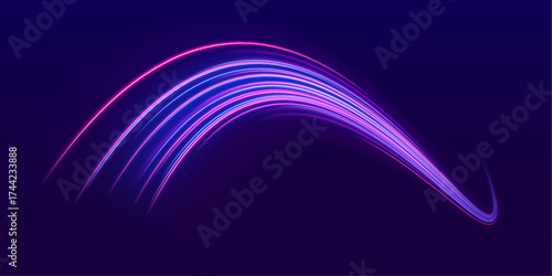 Abstract image of speed motion on the road. Vector glitter light fire flare trace. Dark blue abstract background with ultraviolet neon glow, blurry light lines, wavesPNG