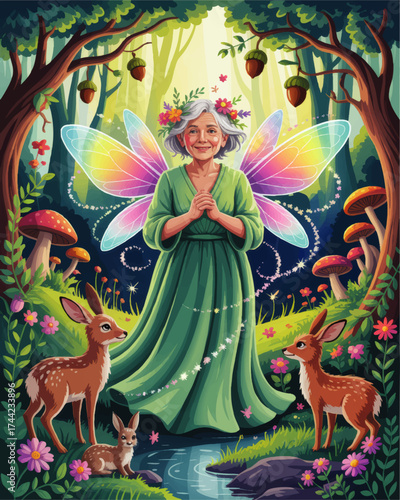 Enchanting Elderly Fairy Woman in Magical Forest with Deer, Rabbits, and Colorful Wings - Whimsical Fantasy Art Illustration