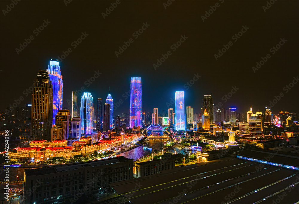 Fototapeta premium Night view of Haihe River in Tianjin