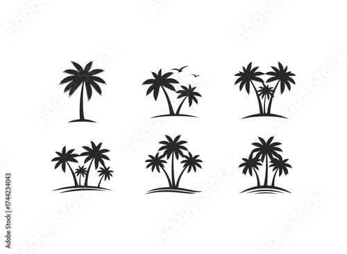Collection of black and white palm tree icons