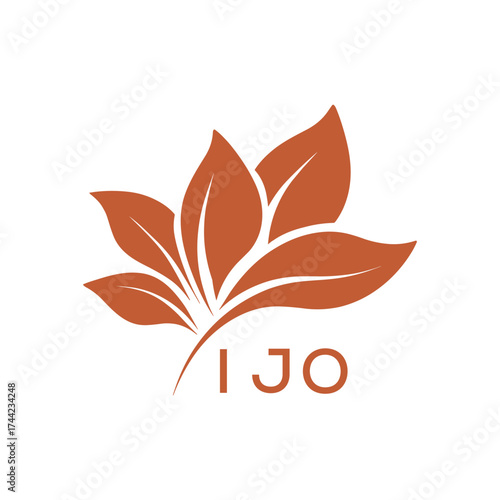 Botanical Nature Logo with Leaves in Brown, IJO Later Logo, Elegant Plant Emblem with Typography, 
