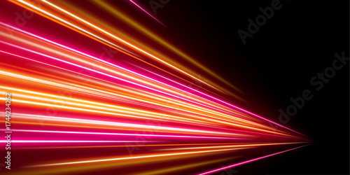 Glowing neon arcs form abstract waves with light pulses and speed trails. Twisting curves create energy rings in motion. Perfect for digital interfaces. PNG