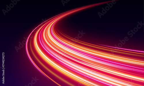 Neon color glowing lines background, high-speed light. Modern abstract high-speed light motion effect on a black background, featuring neon stripes in the form of drills, turns, and swirls.	PNG
