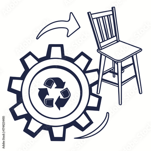 Conceptual illustration of a recycling gear mechanism transforming into a chair symbolizing sustainable manufacturing and circular economy principles in furniture design