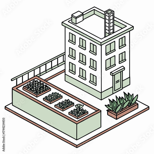 Isometric illustration of a modern apartment building with a rooftop garden featuring raised beds and potted plants for urban agriculture and sustainable living