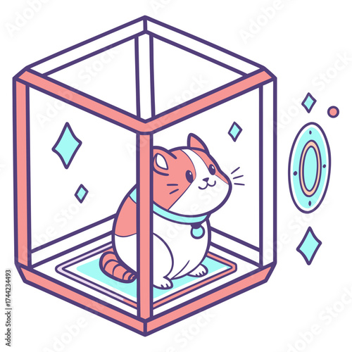 Adorable cartoon cat with orange and white fur sits inside a futuristic isometric cube shaped enclosure with glowing diamond shapes and a portal nearby