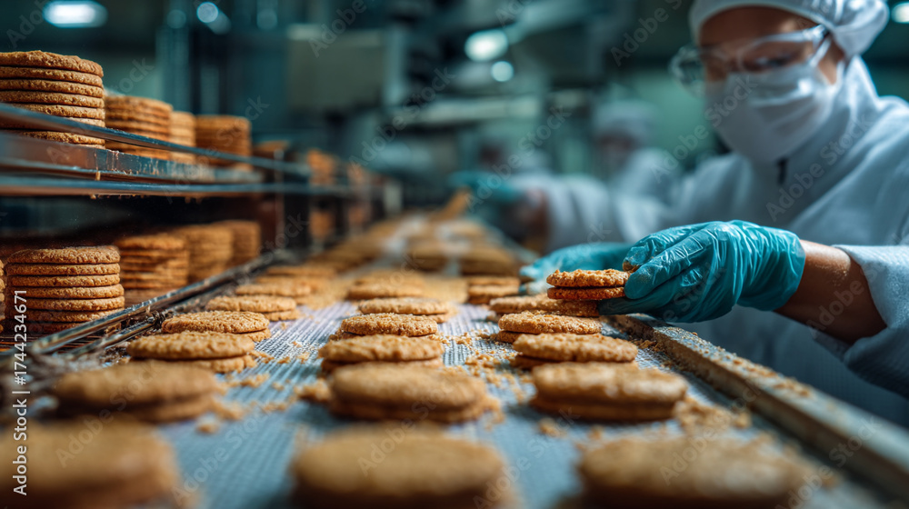 Obraz premium A worker in protective gear assembling cookies on a conveyor belt in a food processing factory