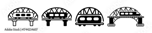 Four stylized icons of trains crossing bridges