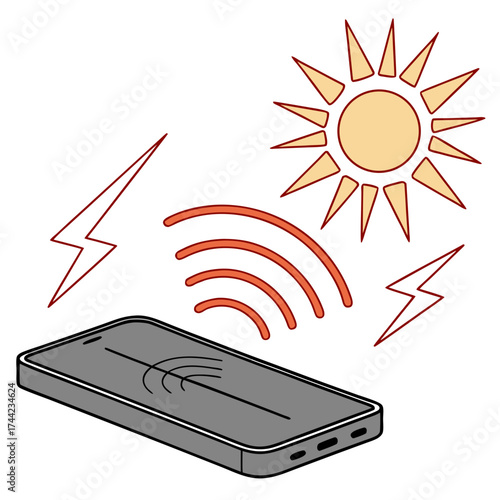 Smartphone receiving wireless signal from sun and lightning representing renewable energy and communication technology concept