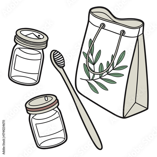A minimalist illustration of a reusable tote bag with a green olive branch design alongside two small glass jars and a bamboo toothbrush for sustainable living