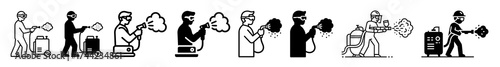 Person spraying disinfectant on luggage and person