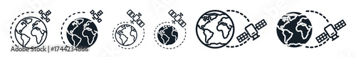 Set of icons depicting satellites orbiting earth