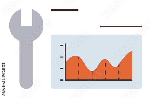 Vertical wrench icon beside a rising orange line graph with dotted gridlines. Ideal for technology, data improvement, analytics, performance, innovation, engineering, and metrics concepts. Simple