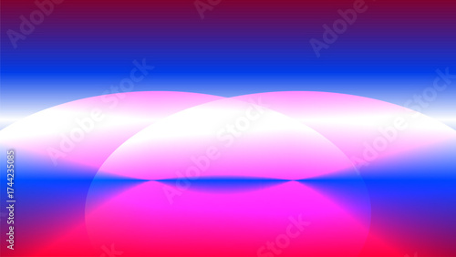 A modern abstract image featuring two bright white/pink overlapping semicircles that create a glowing horizon effect, set against a saturated gradient of deep red, fuchsia, and electric blue.