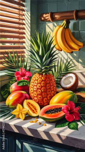 Vibrant Tropical Fruit Still Life with Pineapple, Mango, Banana, Coconut, Papaya, and Hibiscus Flowers in Sunlit Kitchen