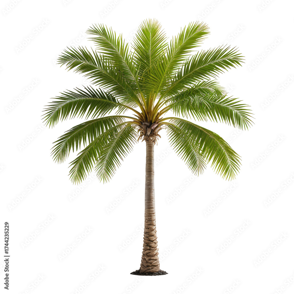 Obraz premium Isolated tropical palm tree with green fronds and a brown trunk (1)