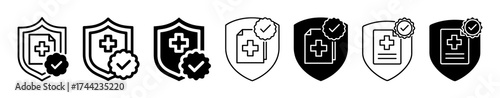 Medical insurance shield icons with checkmark