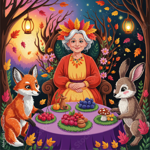 Enchanting Autumn Forest Tea Party With Elderly Woman, Fox, and Rabbit – Whimsical Cartoon Illustration, Festive Night Scene