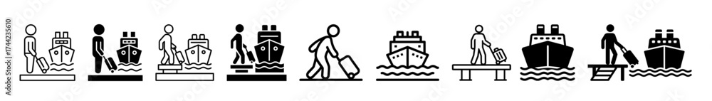 Obraz premium Set of icons depicting people boarding ships and ferries