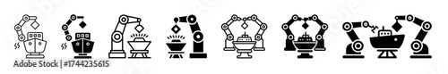 Set of industrial robot arm icons in various tasks