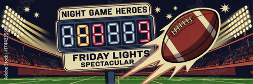 Friday Night Football Stadium Illustration with Scoreboard, Bright Stadium Lights, and Soaring Football – Exciting Sports Artwork
