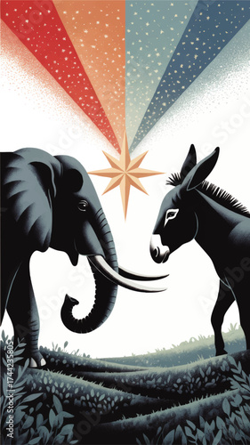 Political Rivalry Illustration with Elephant and Donkey Facing Off Under Star, Red and Blue Light Beams, Symbolizing Democrats and Republicans