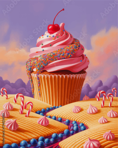 Whimsical Fantasy Cupcake Landscape with Pink Icing, Cherry Top, Candy Canes, and Colorful Sweets in Dreamy Pastel Scenery