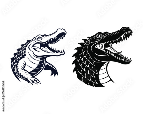 A black and white illustration featuring two detailed alligator heads, one in outline and the other filled, both with jaws agape