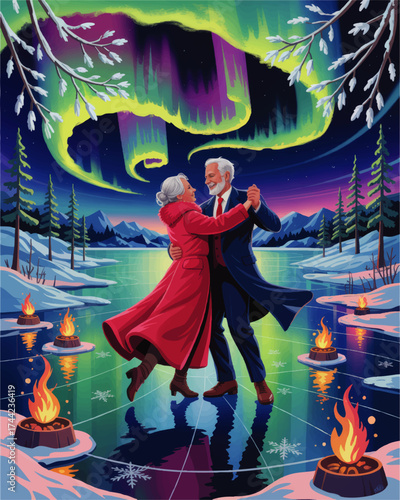 Romantic Senior Couple Dancing on Frozen Lake Under Northern Lights, Colorful Aurora Winter Landscape, Bonfire, Snowy Forest
