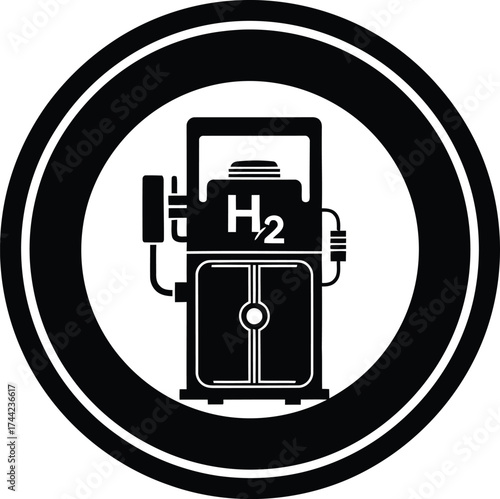 Black and white icon representing a hydrogen fuel station pump with h2 symbol inside a circle